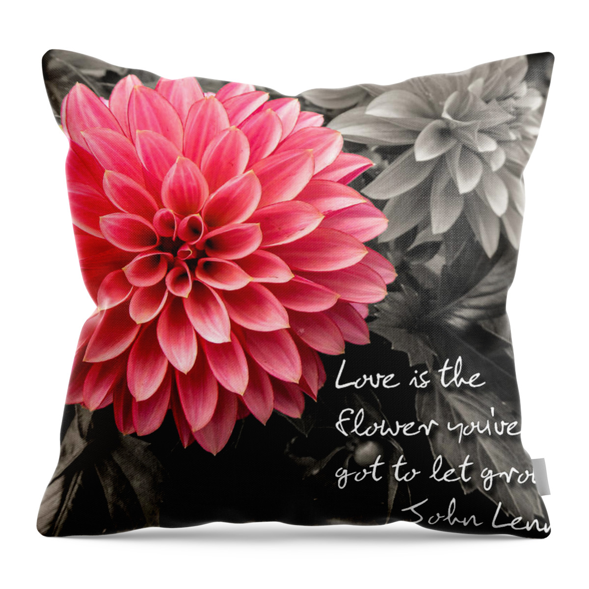 Dahlias Throw Pillow featuring the photograph Pink Dahlia with John Lennon Quote by Dawn Key
