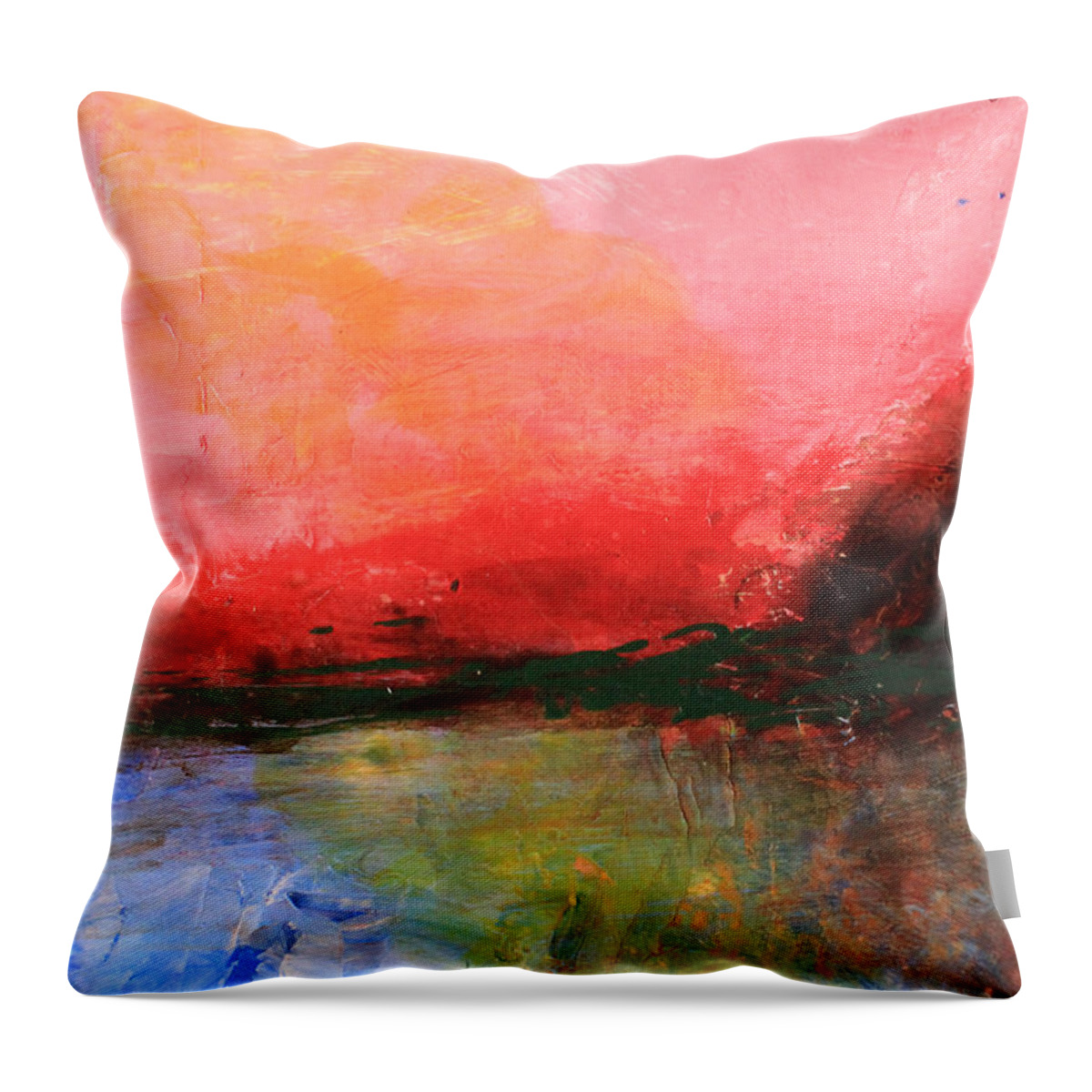 Pink Throw Pillow featuring the painting Pink Sky over Water Abstract by April Burton