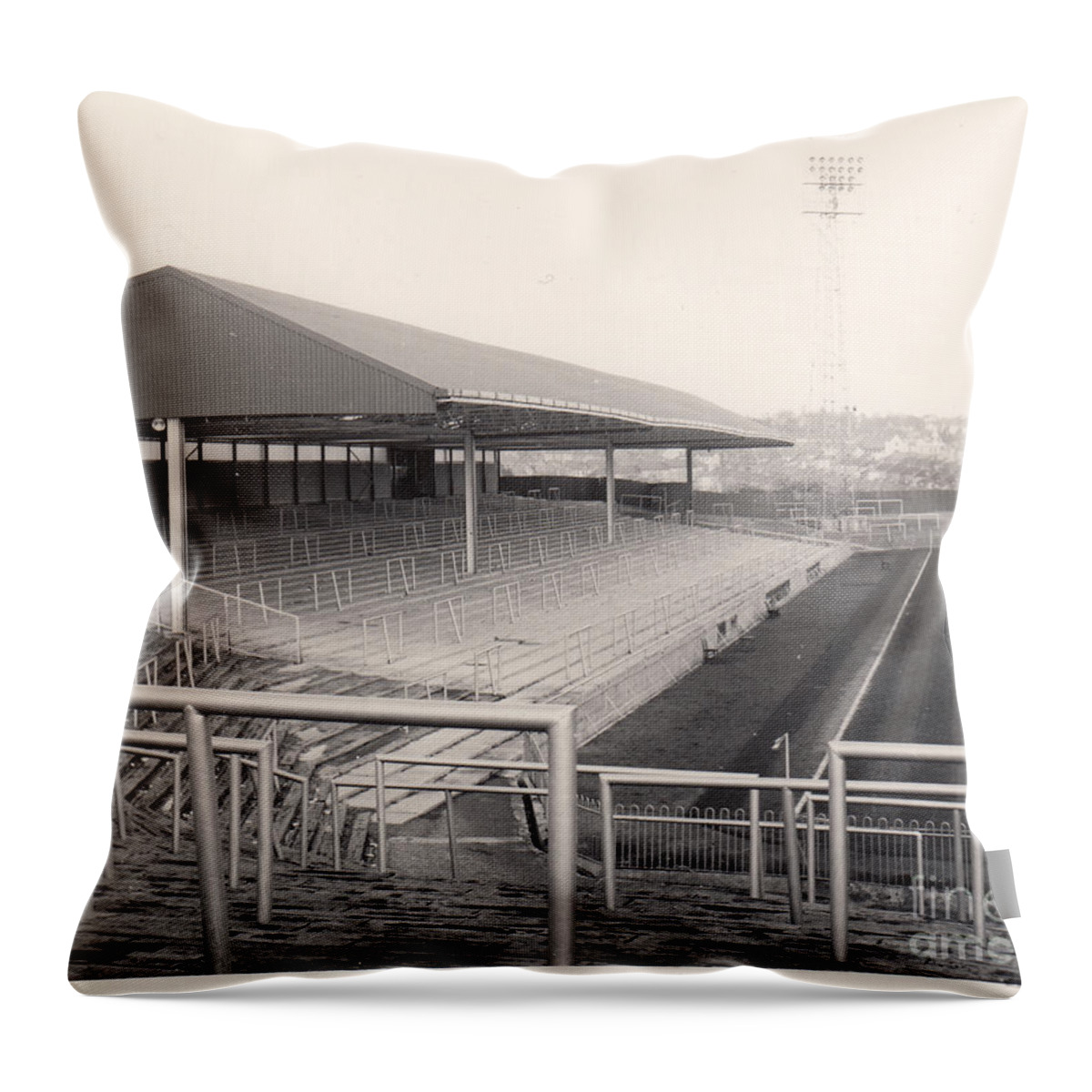  Throw Pillow featuring the photograph Plymouth Argyle - Home Park - Lyndhurst Stand 1 - BW - 1960s by Legendary Football Grounds