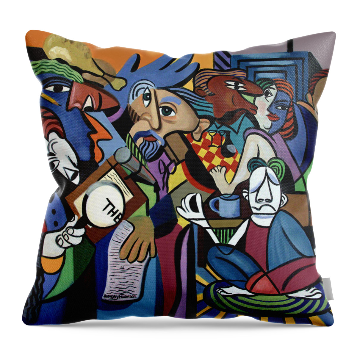 Poets Unleashed Men Talking Reading Yoga Coffee Chicken The Cubism Cubestraction Bench Impressionist Expressionism Large Giclee Canvas Print Poster Original Oil Painting On Canvas Anthony Falbo Falboart   Throw Pillow featuring the painting Poets Unleashed by Anthony Falbo