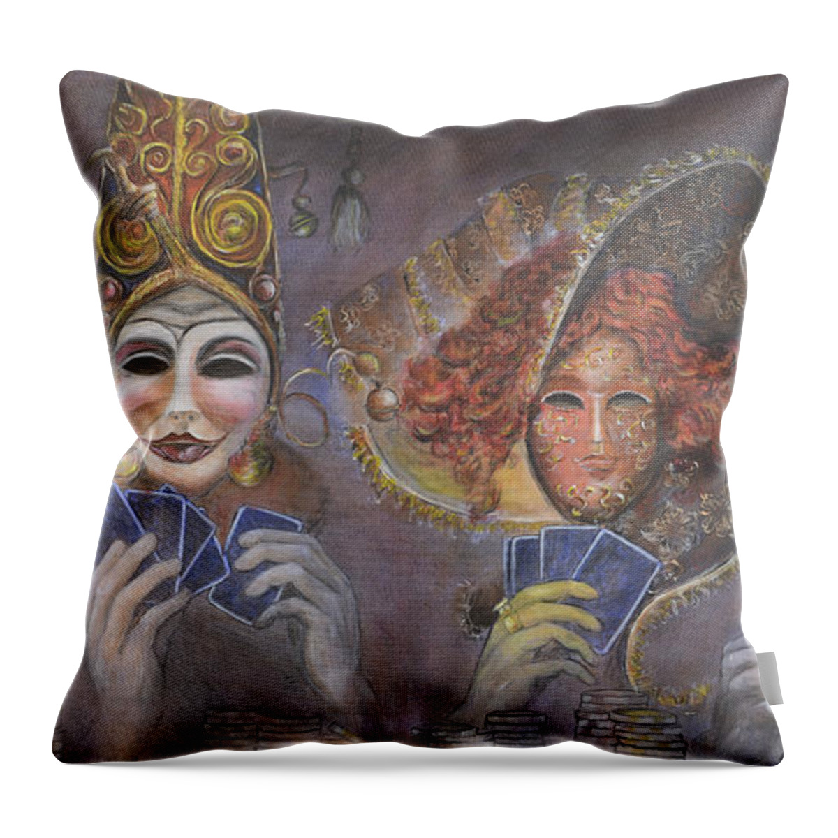 Poker Faces Throw Pillow featuring the painting Poker Game Faces by Nik Helbig