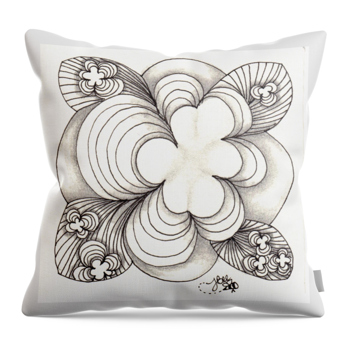 Zentangle Throw Pillow featuring the drawing Popcloud Blossom by Jan Steinle