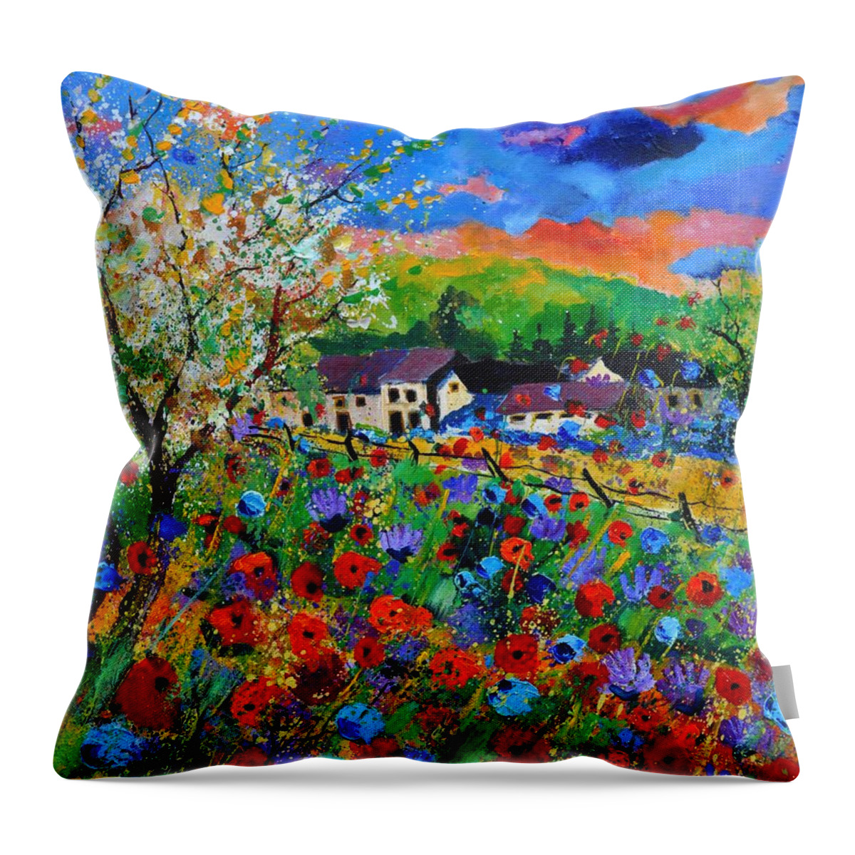 Poppies Throw Pillow featuring the painting Poppies in Sorinnes by Pol Ledent