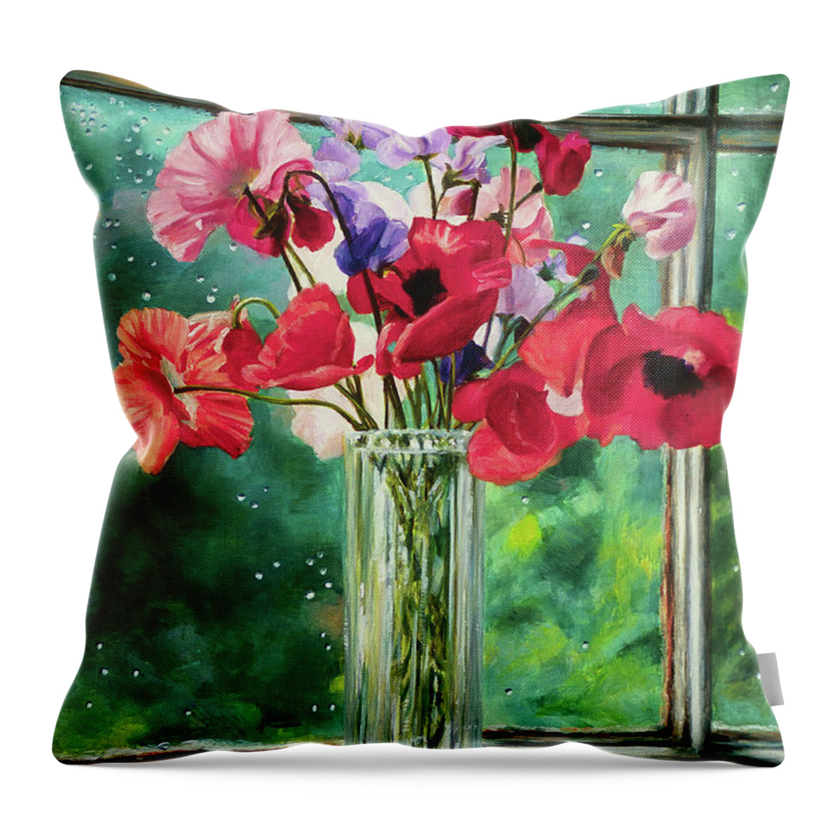 Poppies Throw Pillow featuring the painting Poppies on Windowsill by Marie Witte