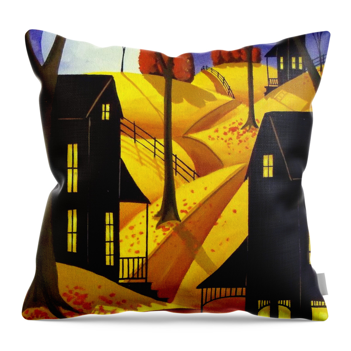 Folk Art Throw Pillow featuring the painting Porch Kitty - folk art landscape cat by Debbie Criswell