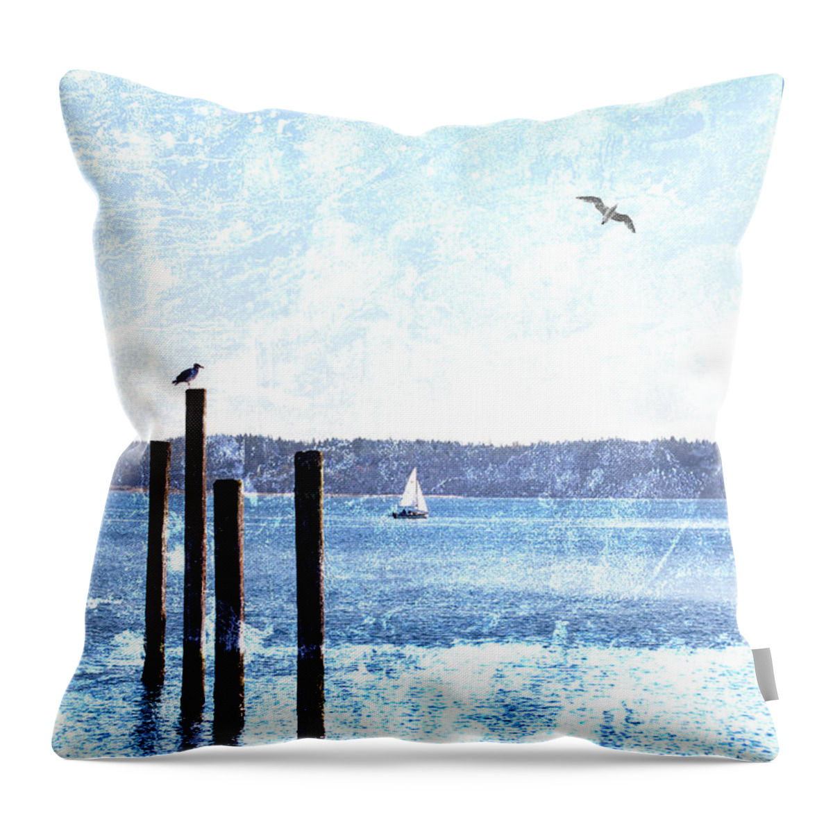 Port Townsend Throw Pillow featuring the mixed media Port Townsend Pilings by Carol Leigh