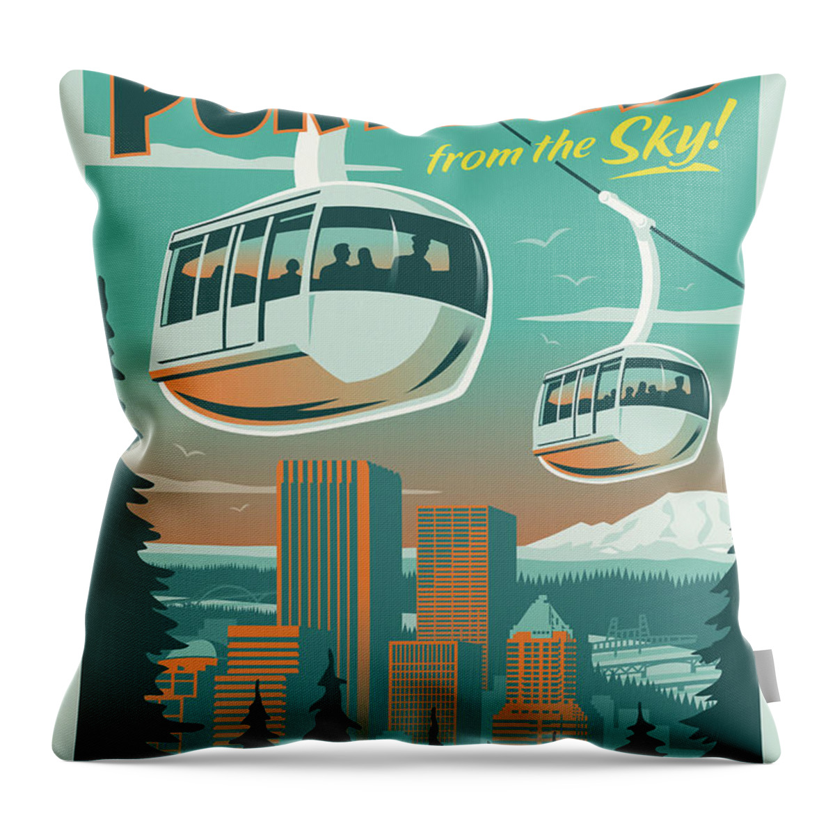 Vintage Throw Pillow featuring the digital art Portland Poster - Tram Retro Travel by Jim Zahniser