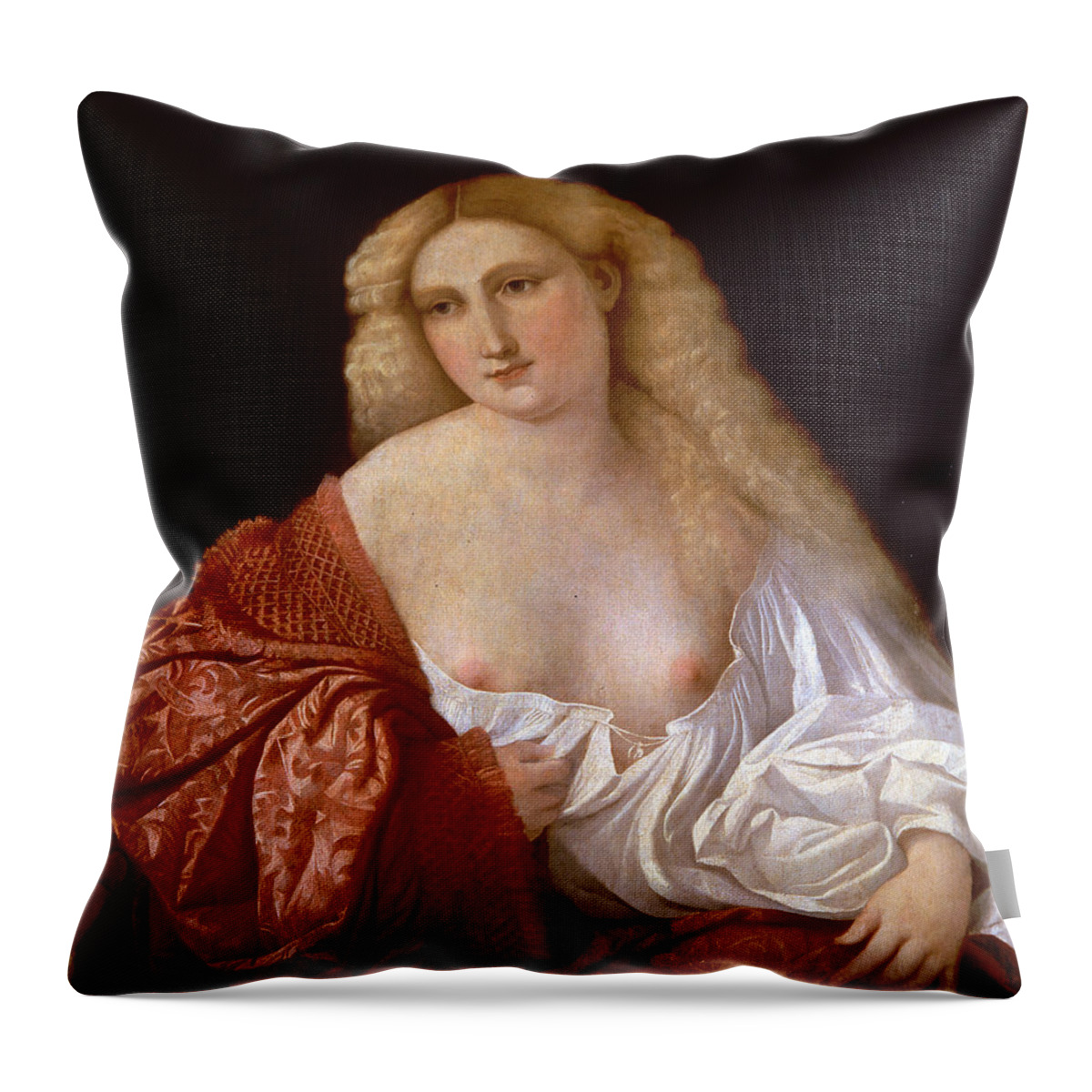 Palma Vecchio Throw Pillow featuring the painting Portrait of a Woman know as Portrait of a Courtsesan by Palma Vecchio