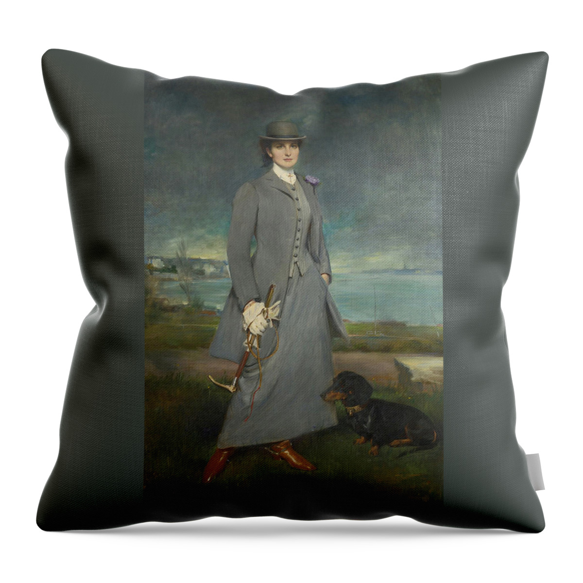 Charles Albert Walhain 1877 - 1936 Portrait Of Countess De La Maitrie In Equestrian Dress Throw Pillow featuring the painting Portrait Of Countess De La Maitrie In Equestrian Dress by MotionAge Designs