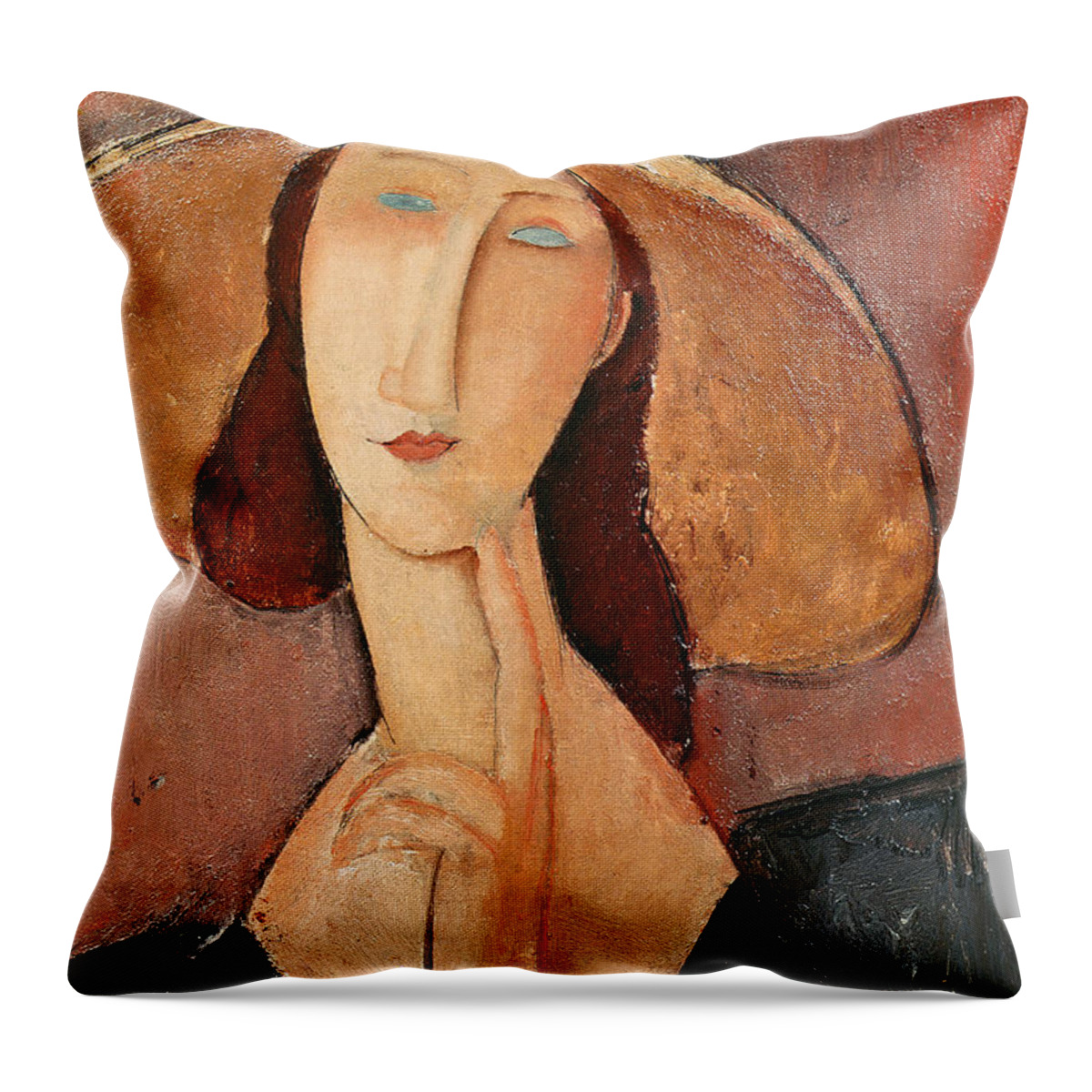 Portrait Throw Pillow featuring the painting Portrait of Jeanne Hebuterne in a large hat by Amedeo Modigliani
