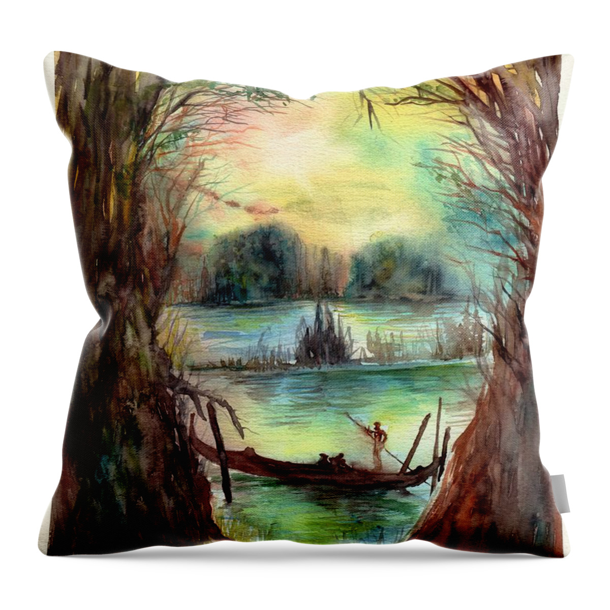 Skull Throw Pillow featuring the painting Portrait with a boat by Suzann Sines