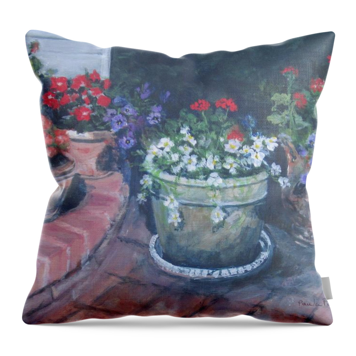 Flowers Throw Pillow featuring the painting Potted Flowers by Paula Pagliughi