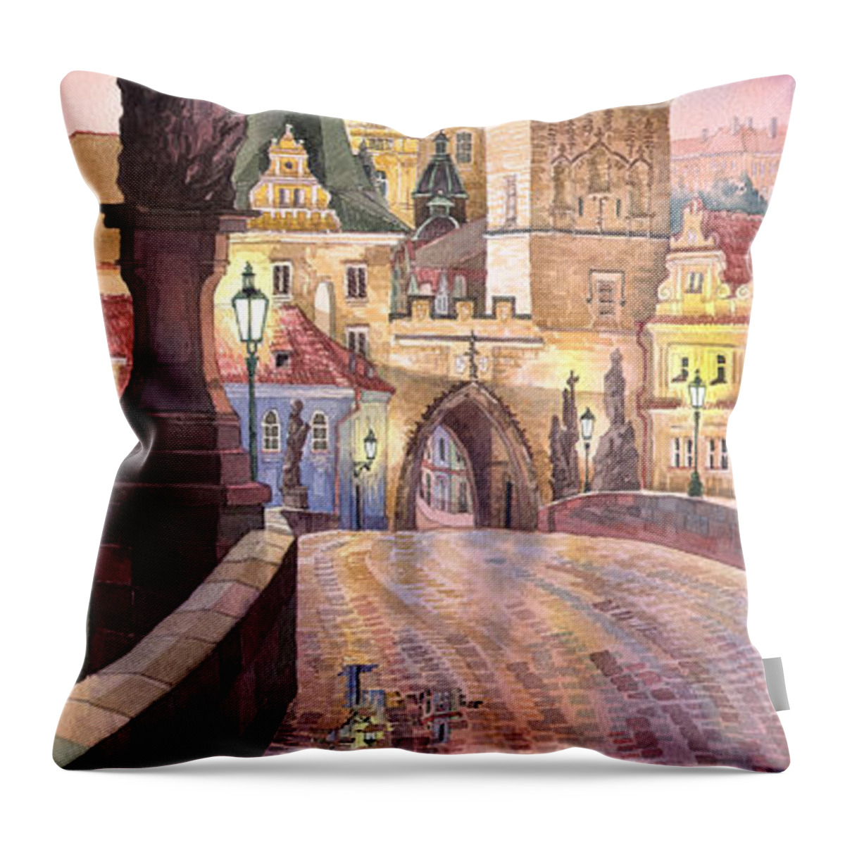 Watercolour Throw Pillow featuring the painting Prague Charles Bridge Night Light 1 by Yuriy Shevchuk