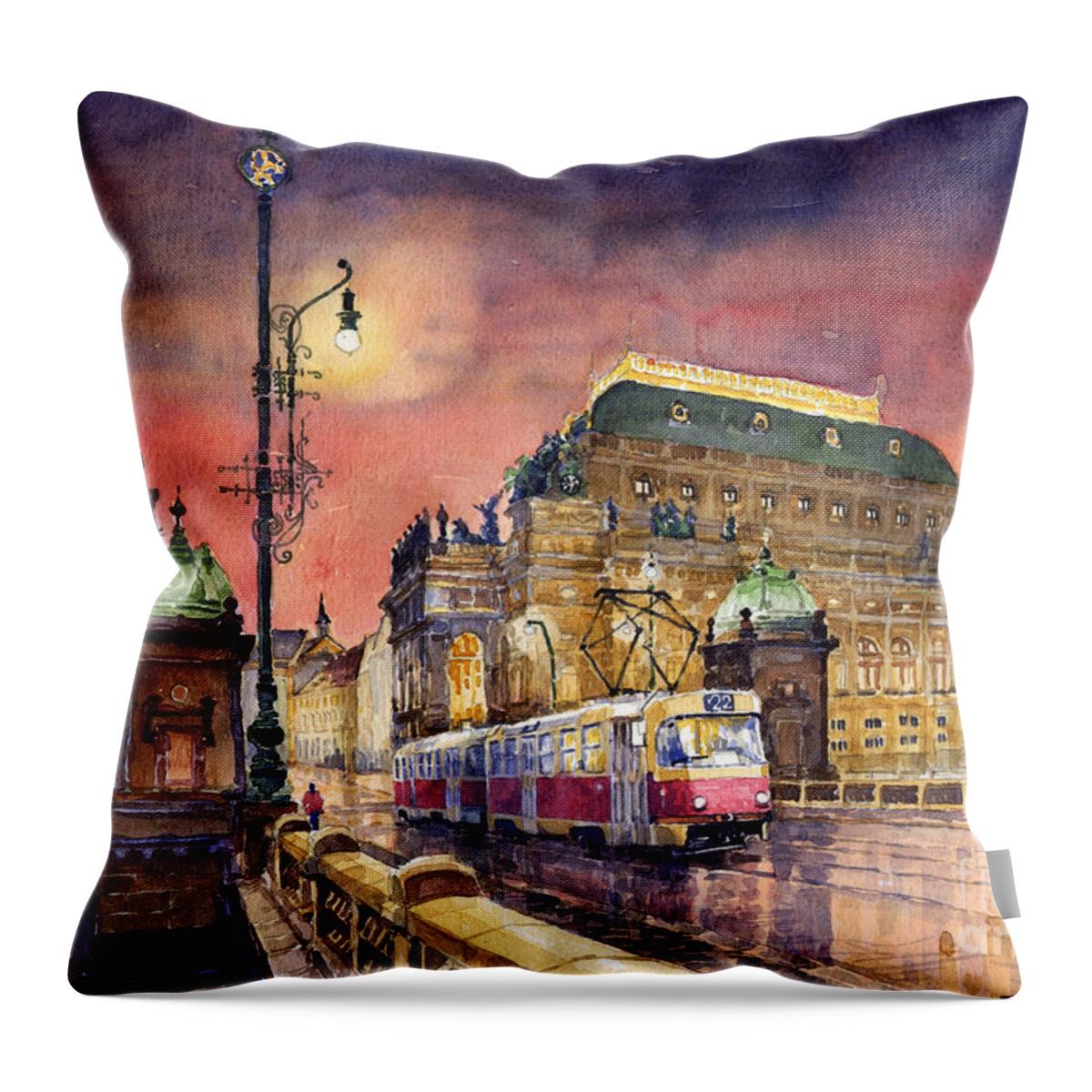 Bridge Throw Pillow featuring the painting Prague Night Tram National Theatre by Yuriy Shevchuk