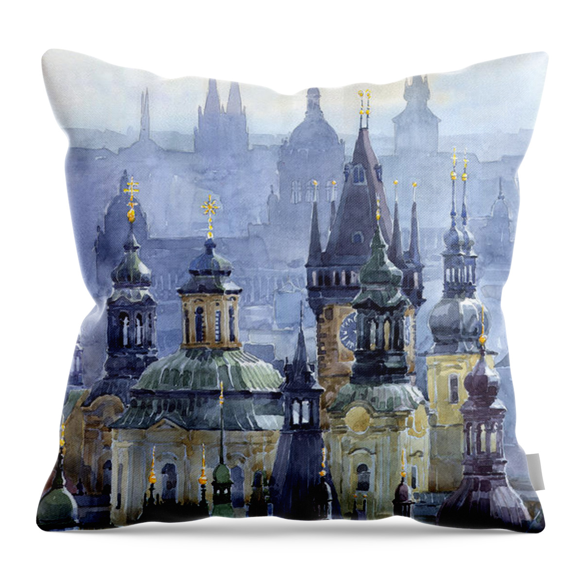 Architecture Throw Pillow featuring the painting Prague Towers by Yuriy Shevchuk
