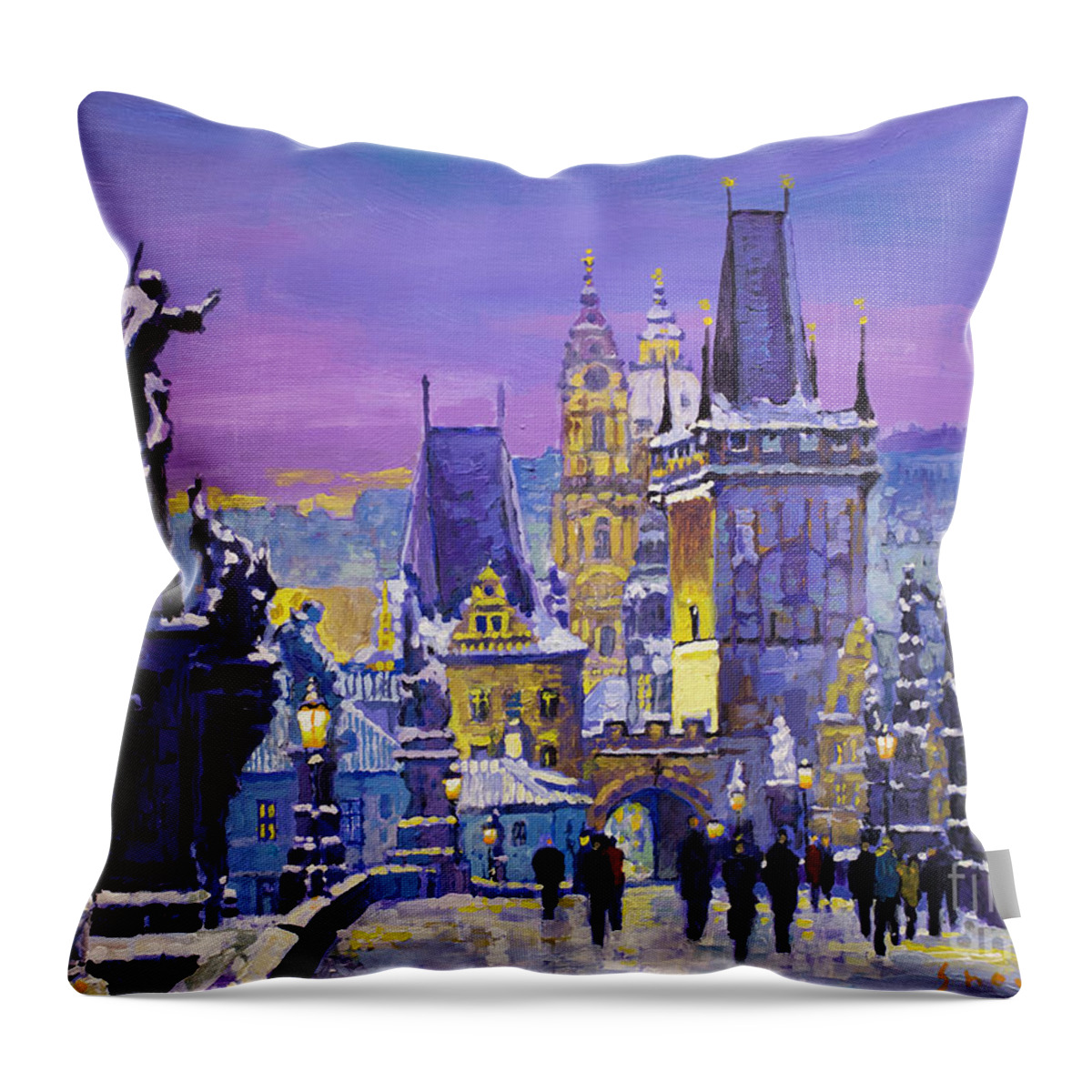 Oil Throw Pillow featuring the painting Prague Winter Charles Bridge 3 by Yuriy Shevchuk