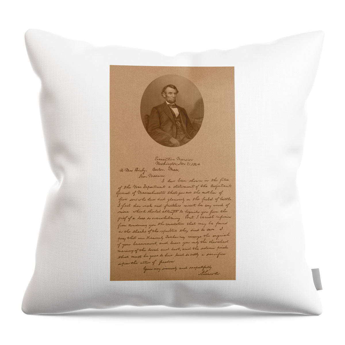 Bixby Letter Throw Pillow featuring the mixed media President Lincoln's Letter To Mrs. Bixby by War Is Hell Store