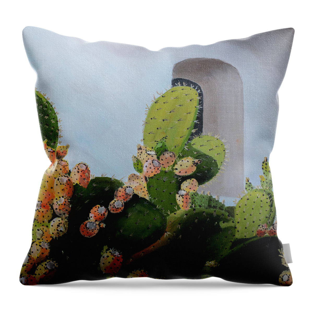 Mission La Purisima Throw Pillow featuring the painting Prickly Pear Cactus at Mission la Purisima by Jackie MacNair