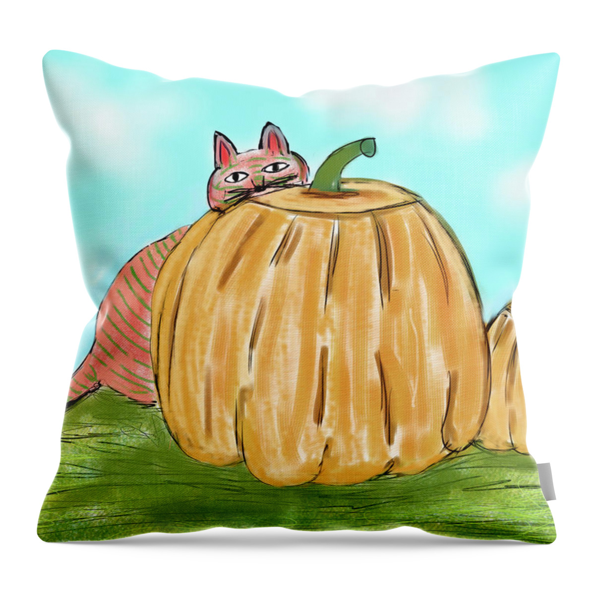 Landscape Throw Pillow featuring the digital art Pumpkin Cat by Christina Wedberg