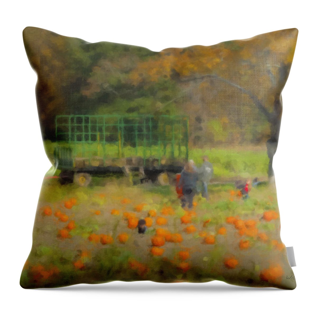 Orange Throw Pillow featuring the painting Pumpkins at Langwater Farm by Bill McEntee