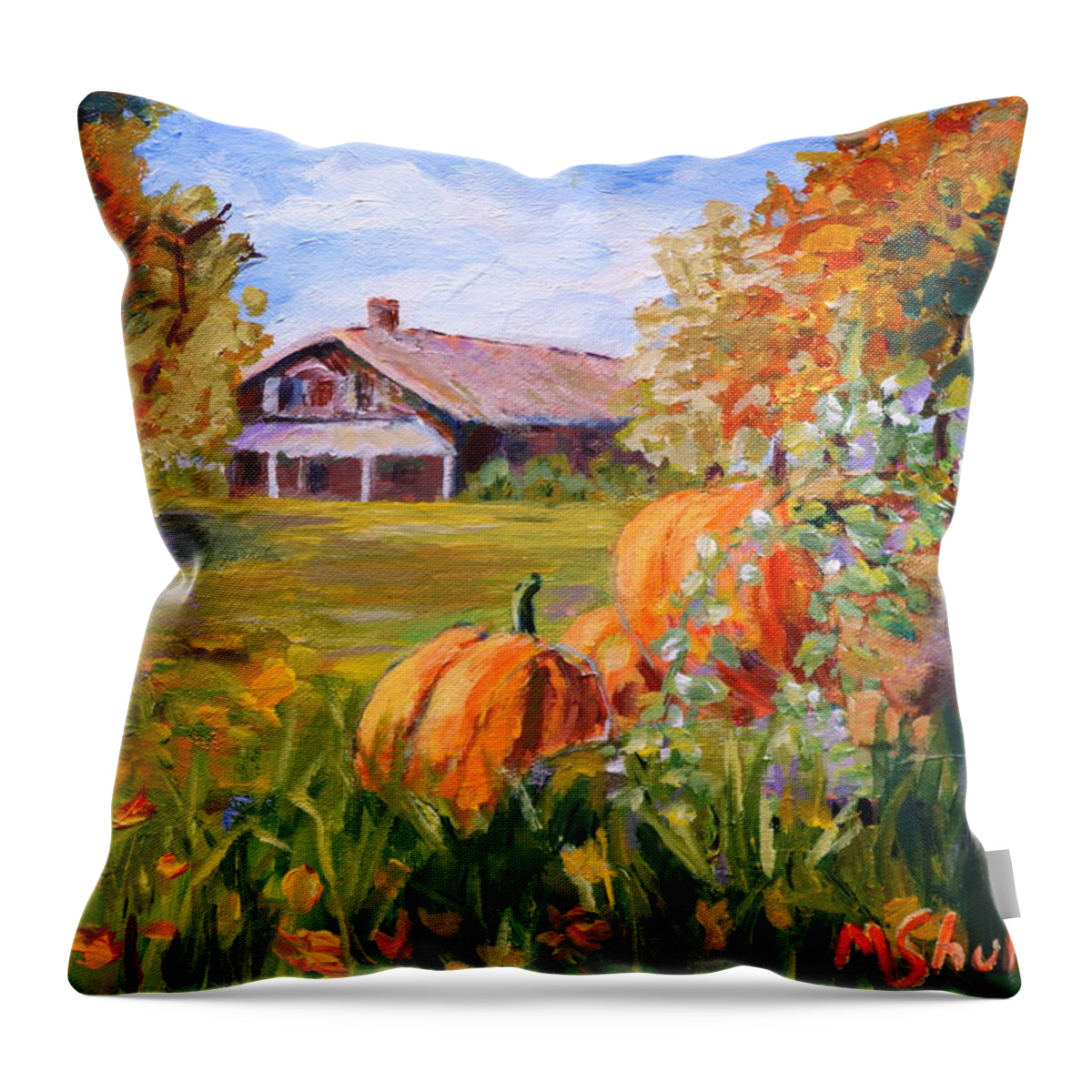 Pumpkins Throw Pillow featuring the painting Pumpkins in the fall. by Madeleine Shulman