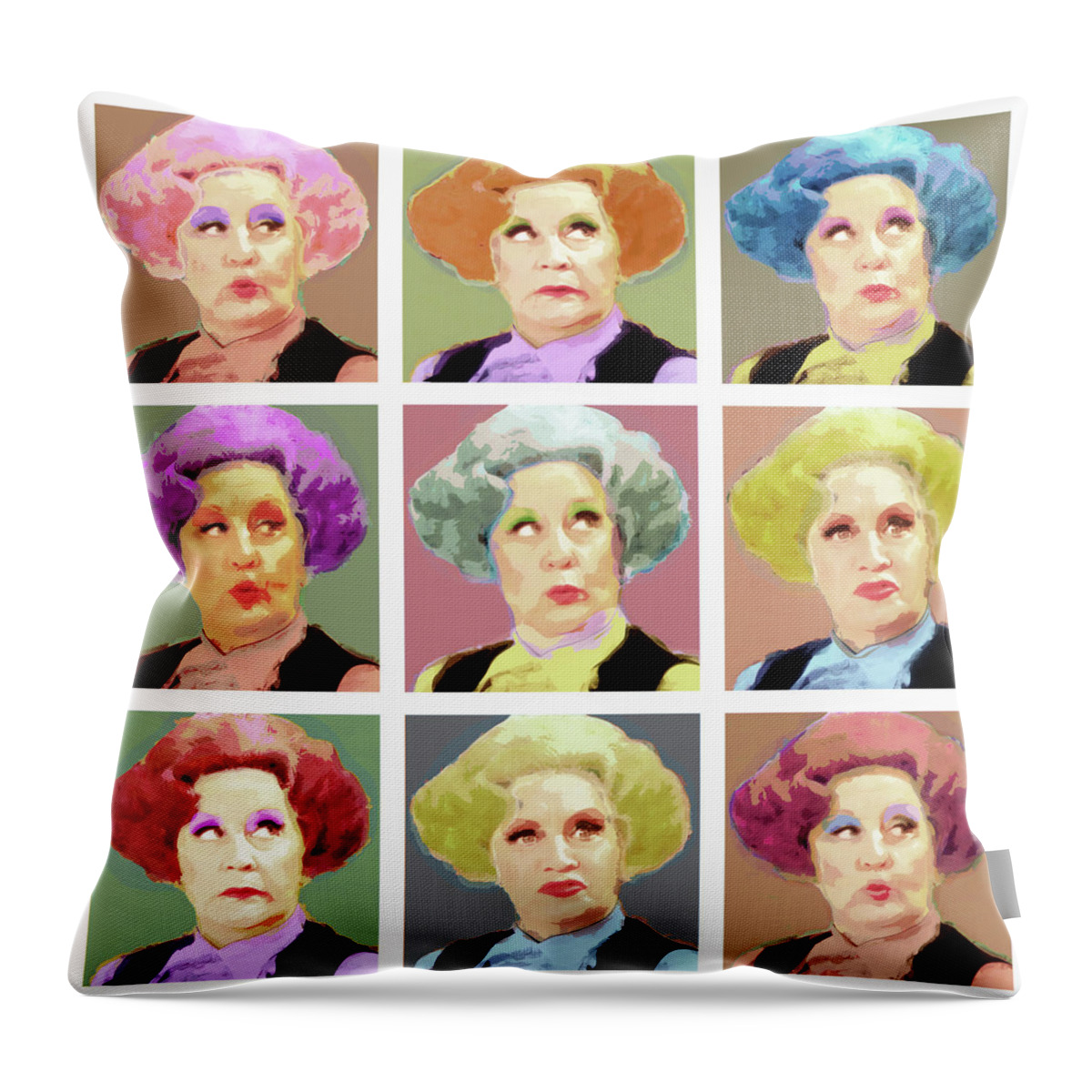 Celebrities Throw Pillow featuring the digital art Pussy Galore - Nine Lives - Mollie Sugden Portrait, Are You Being Served? by Big Fat Arts
