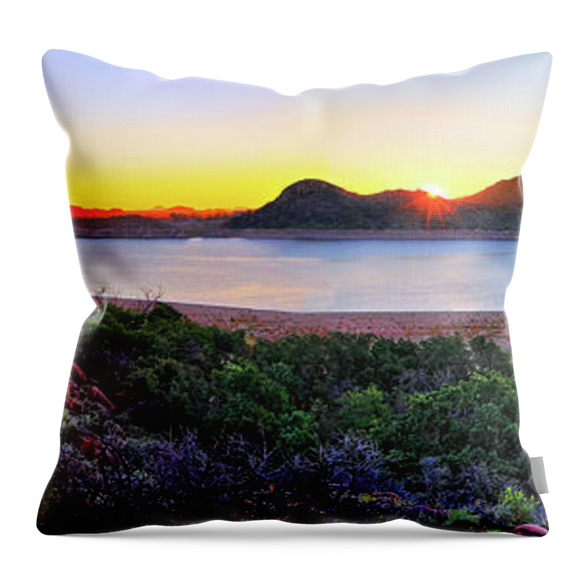 Quartz Mountains Throw Pillow featuring the photograph Quartz Mountains and Lake Altus Panorama - Oklahoma by Jason Politte