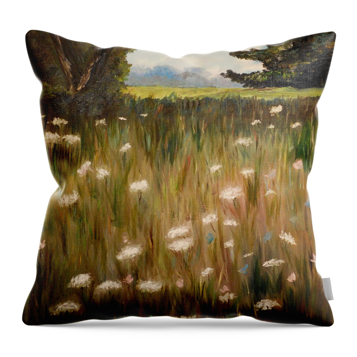 Field Throw Pillow featuring the painting Queen Anne Lace by Phil Burton