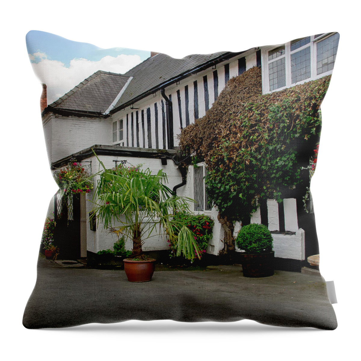 White House Throw Pillow featuring the photograph Quiet street with flowers on walls. by Elena Perelman