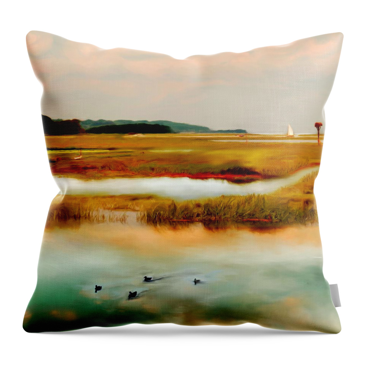 Essex River Throw Pillow featuring the painting Racing the Tide by Sand And Chi