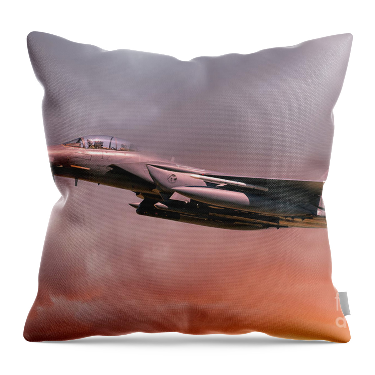 Usaf Throw Pillow featuring the photograph RAF Lakenheath F-15 Eagle in flight with orange sun light by Simon Bratt