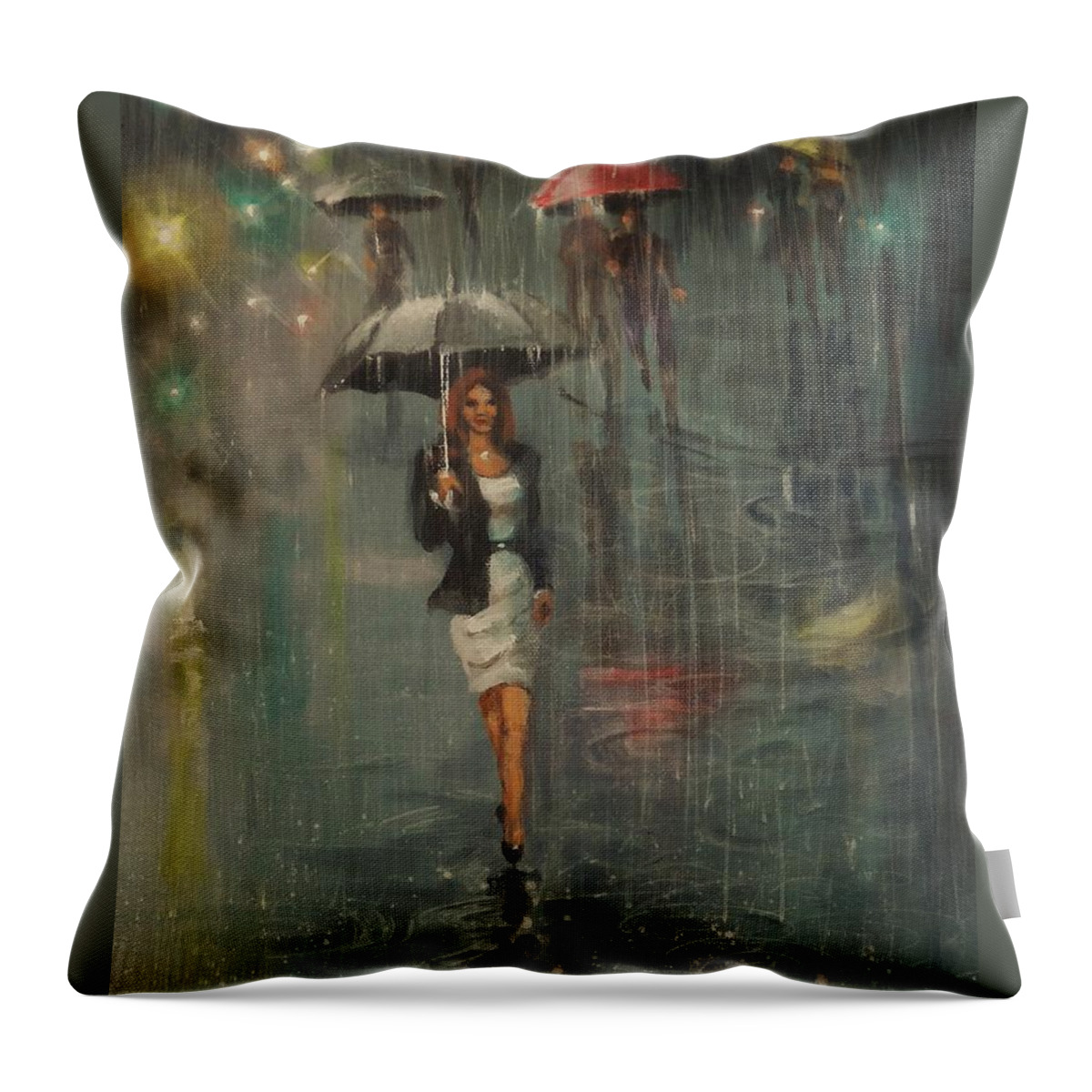 Woman With Umbrella Throw Pillow featuring the painting Rain in the City by Tom Shropshire
