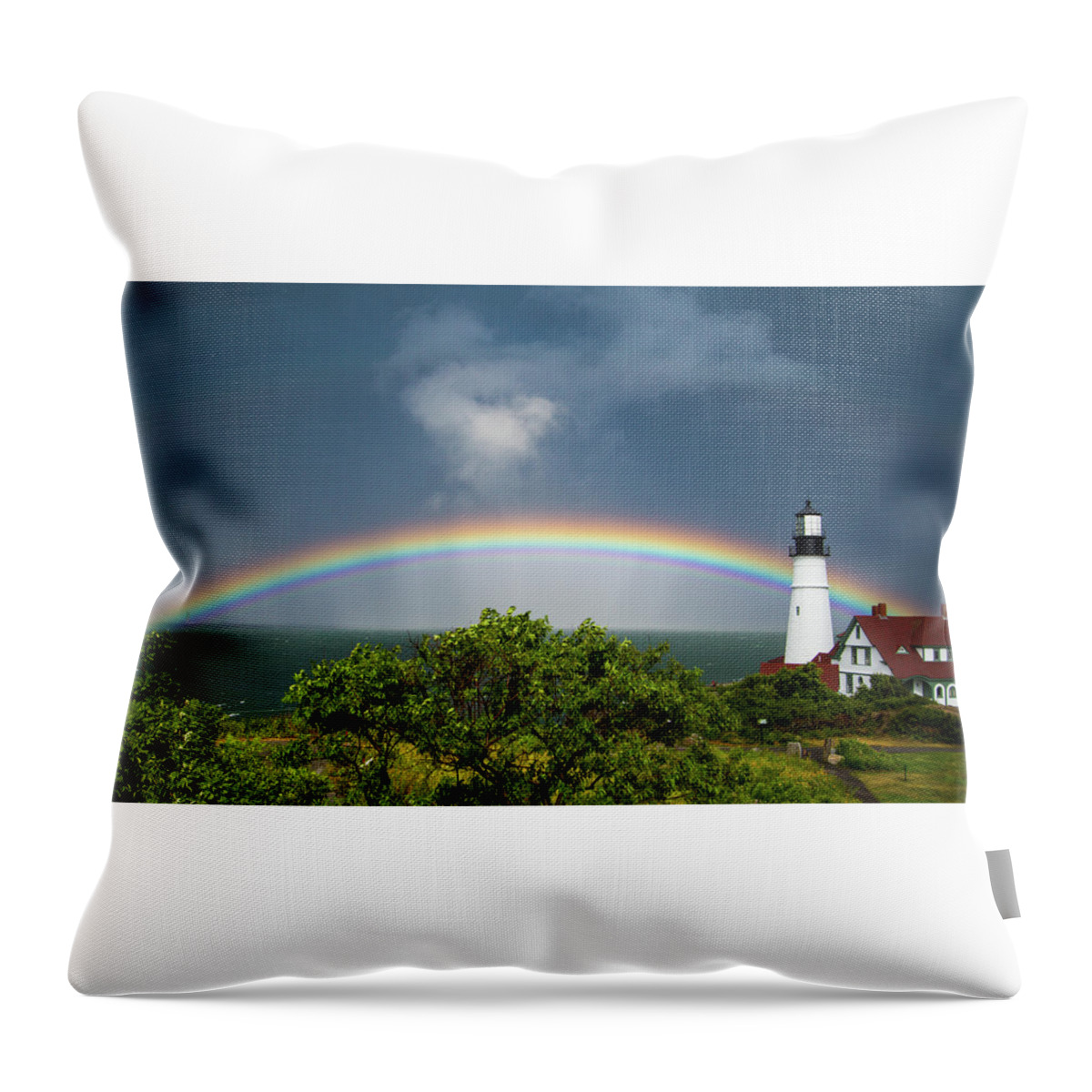 Rainbow Throw Pillow featuring the photograph Rainbow at Portland Headlight by Darryl Hendricks