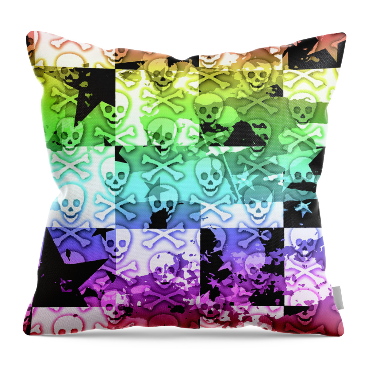 Rainbow Throw Pillow featuring the digital art Rainbow Checker Skull Splatter by Roseanne Jones