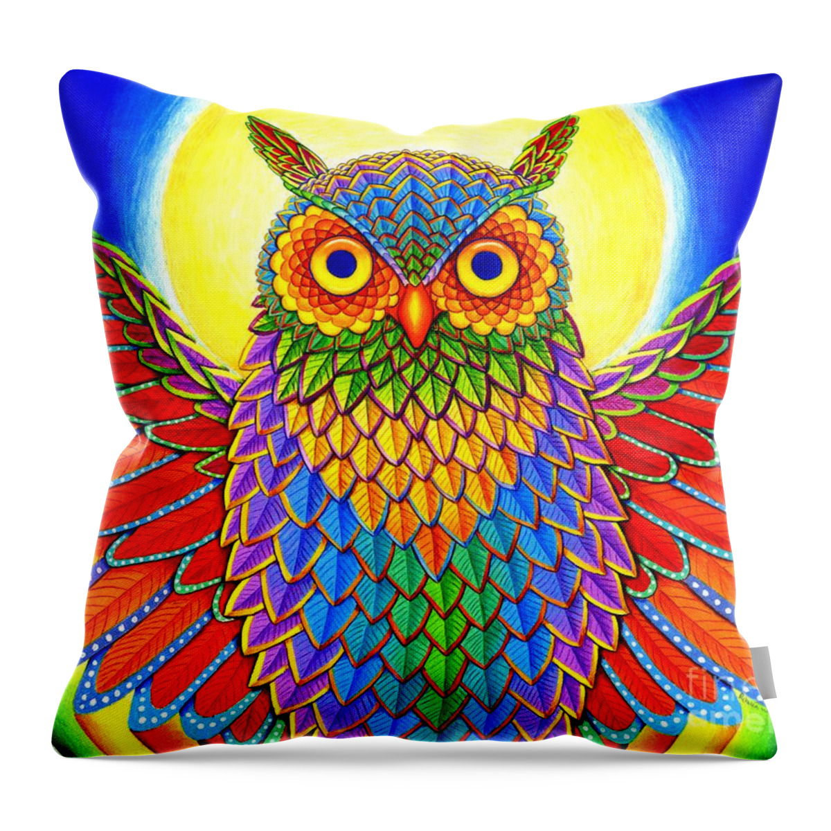 Owl Throw Pillow featuring the drawing Rainbow Owl by Rebecca Wang