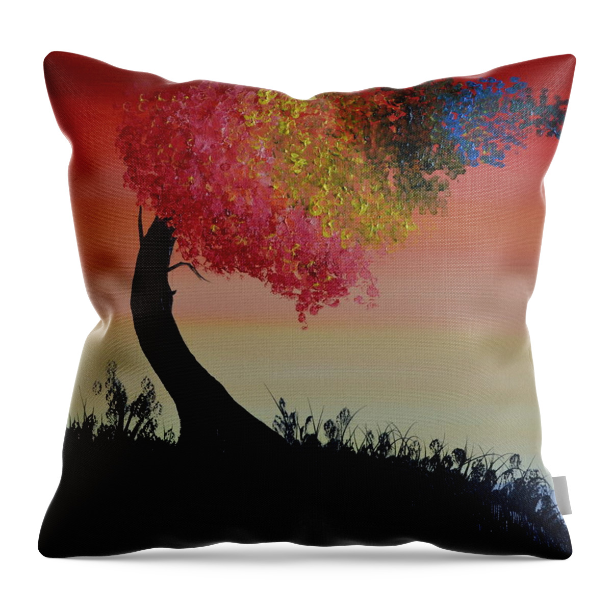 An Abstract Oil Painting Of A Tree Bending In The Wind. The Leaves Are Different Colors To Represent A Rainbow. Throw Pillow featuring the painting Rainbow Tree by Martin Schmidt