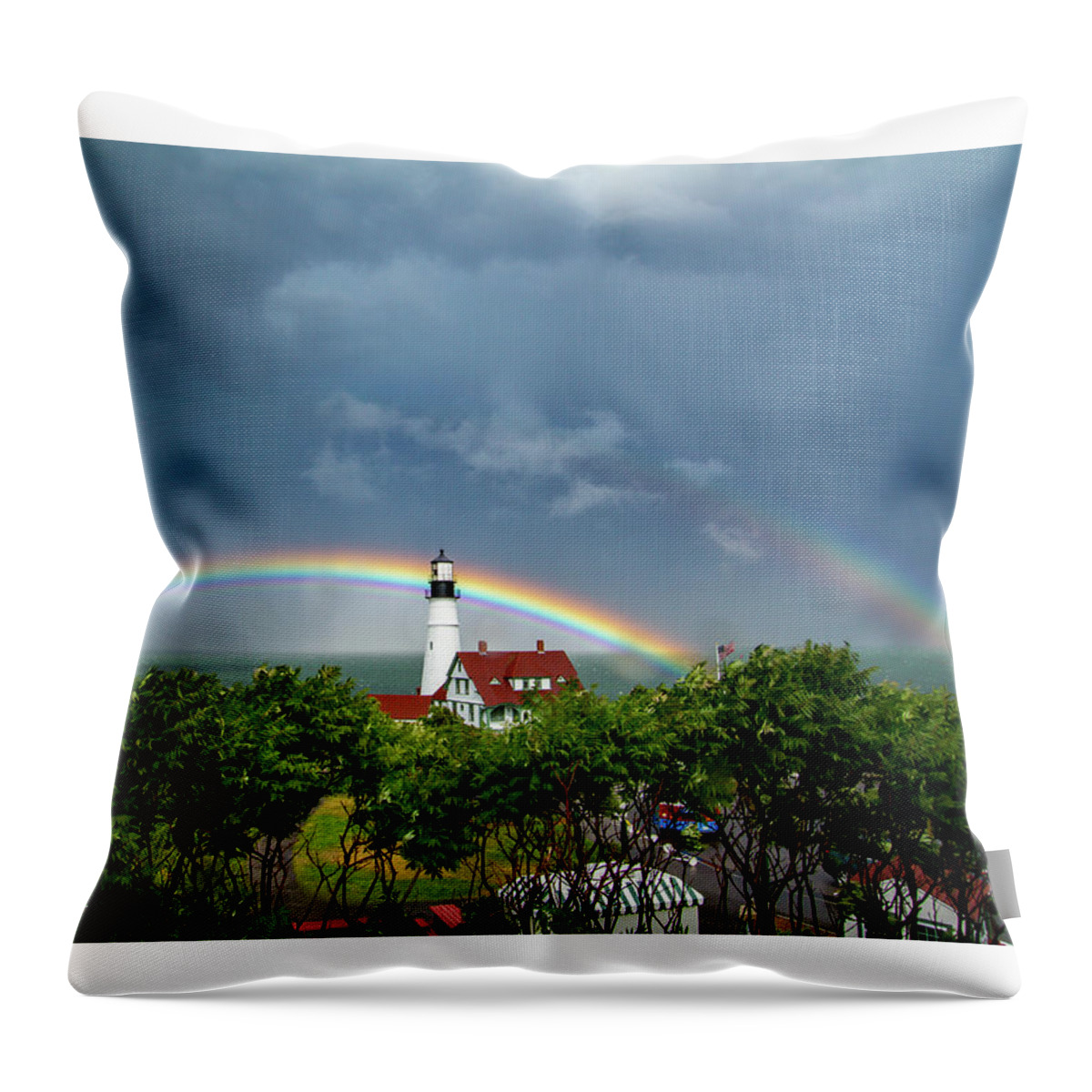 Portland Headlight Throw Pillow featuring the photograph Rainbow x 2 at Portland Headlight by Darryl Hendricks
