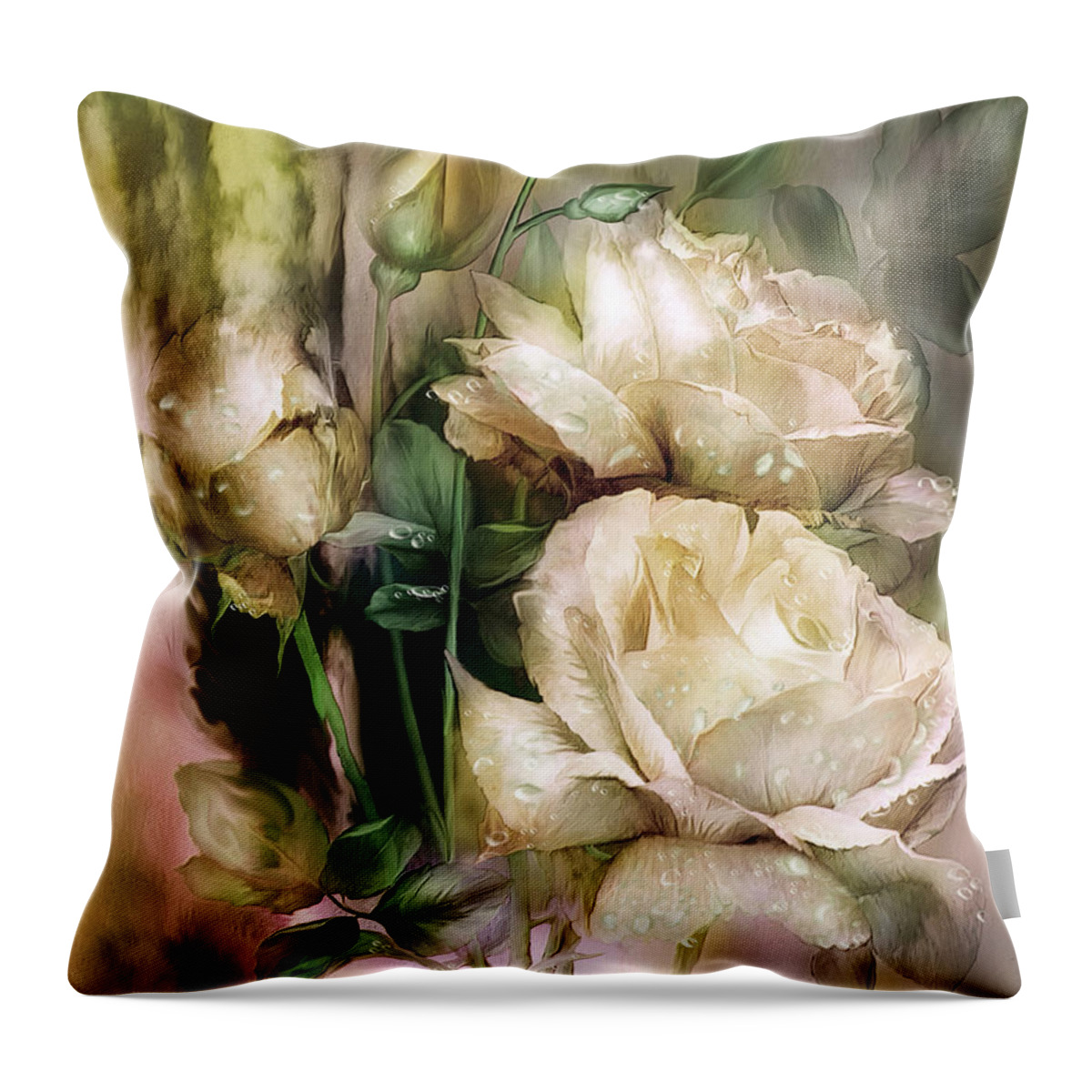 Rose Throw Pillow featuring the mixed media Raindrops On Antique White Roses by Carol Cavalaris