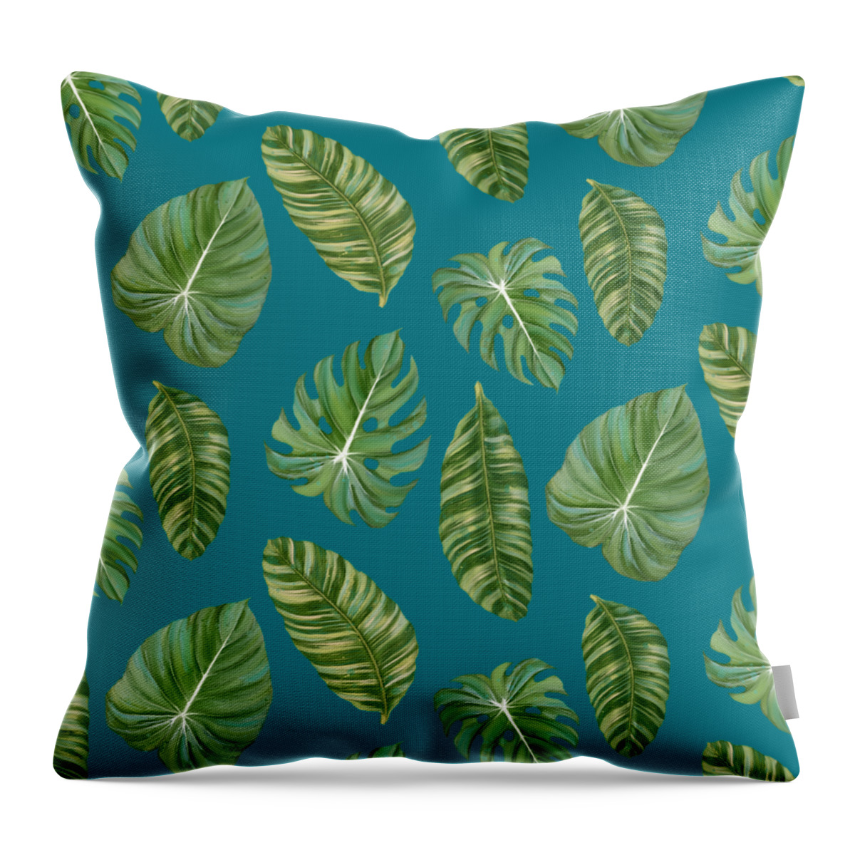 Tropical Throw Pillow featuring the painting Rainforest Resort - Tropical Leaves Elephant's Ear Philodendron Banana Leaf by Audrey Jeanne Roberts