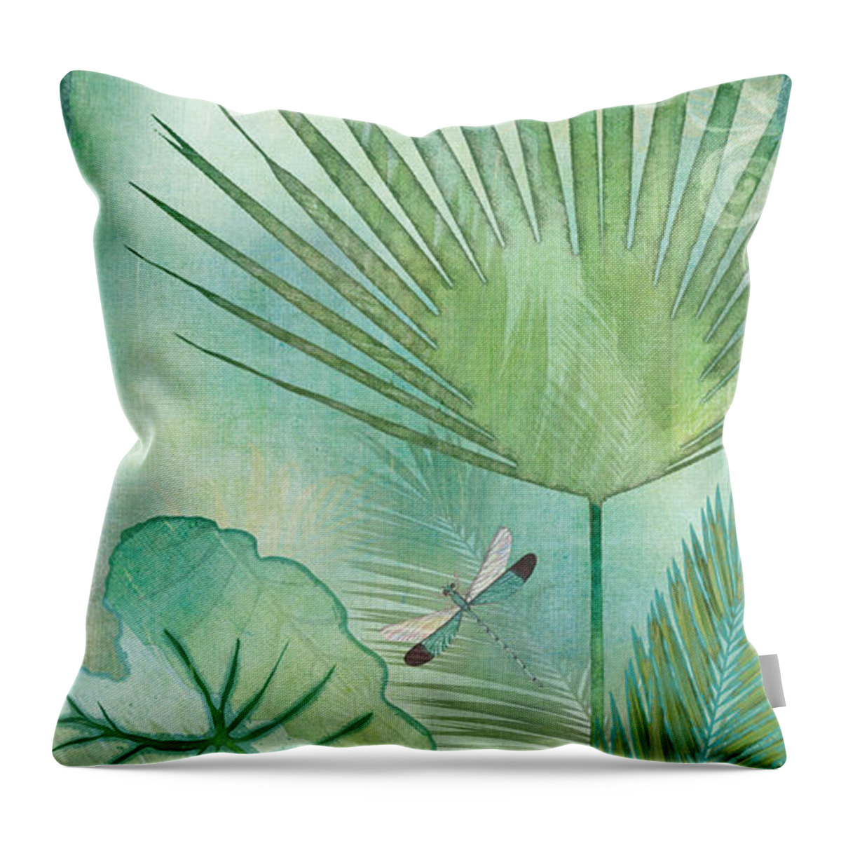 Jungle Throw Pillow featuring the painting Rainforest Tropical - Elephant Ear and Fan Palm Leaves w Botanical Dragonfly by Audrey Jeanne Roberts