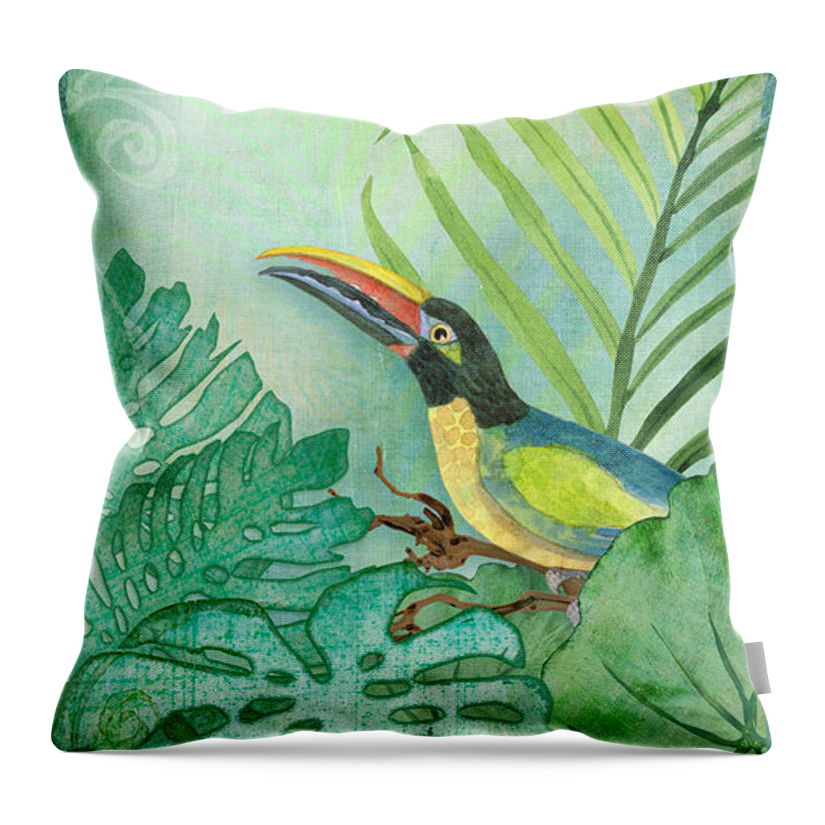 Toucan Throw Pillow featuring the painting Rainforest Tropical - Tropical Toucan w Philodendron Elephant Ear and Palm Leaves by Audrey Jeanne Roberts