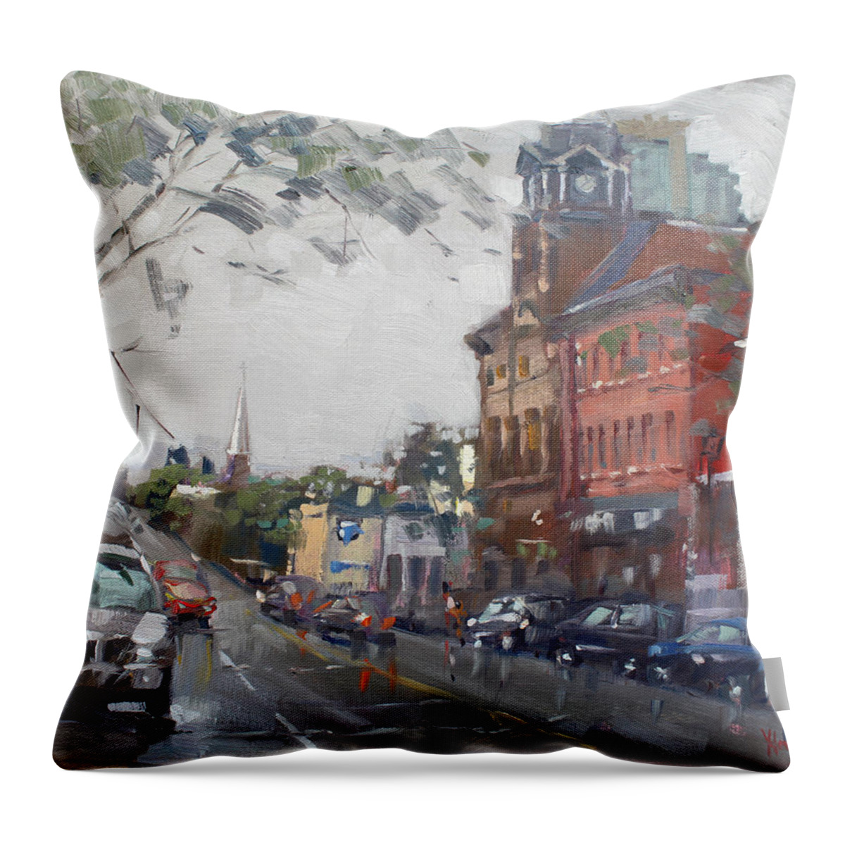 Rainy Day Throw Pillow featuring the painting Rainy Day in Downtown Brampton ON by Ylli Haruni