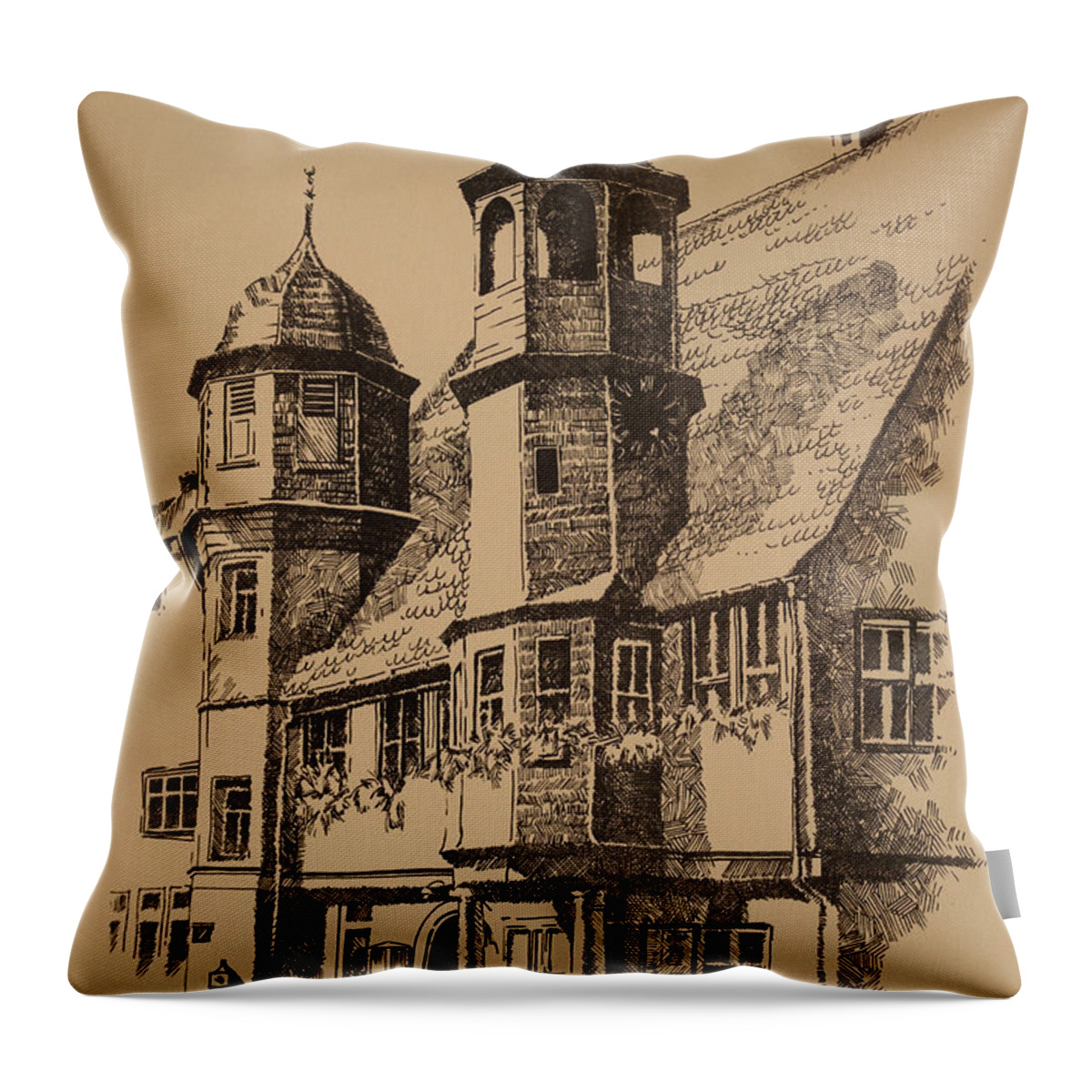 Rathaus Throw Pillow featuring the drawing Rathaus by Michael Lang