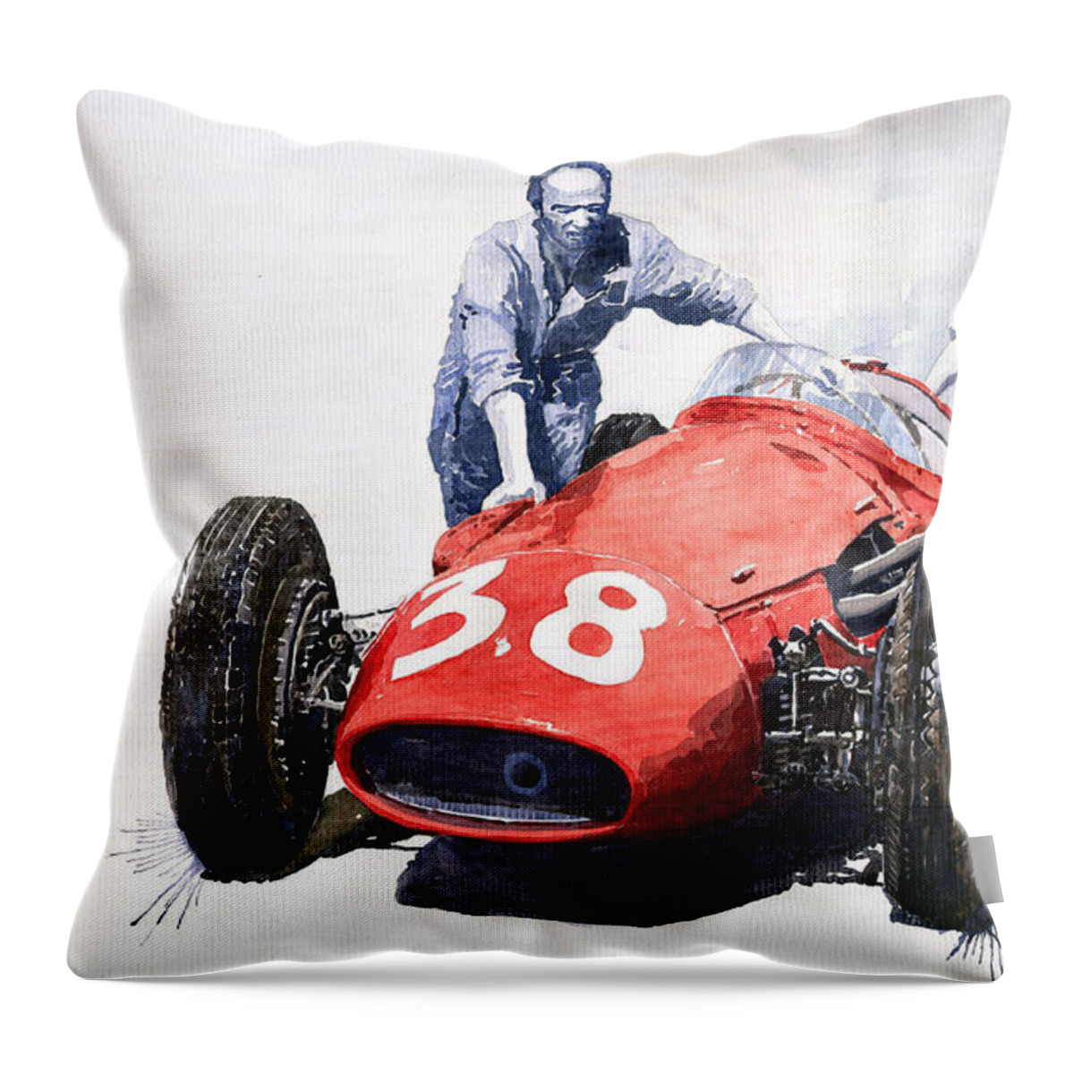 Watercolour Throw Pillow featuring the painting Ready for racing Maserati 250 F by Yuriy Shevchuk
