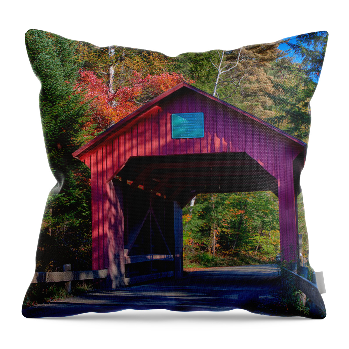 Moseley Covered Bridge Throw Pillow featuring the photograph Red autumn foliage over Moseley covered bridge by Jeff Folger