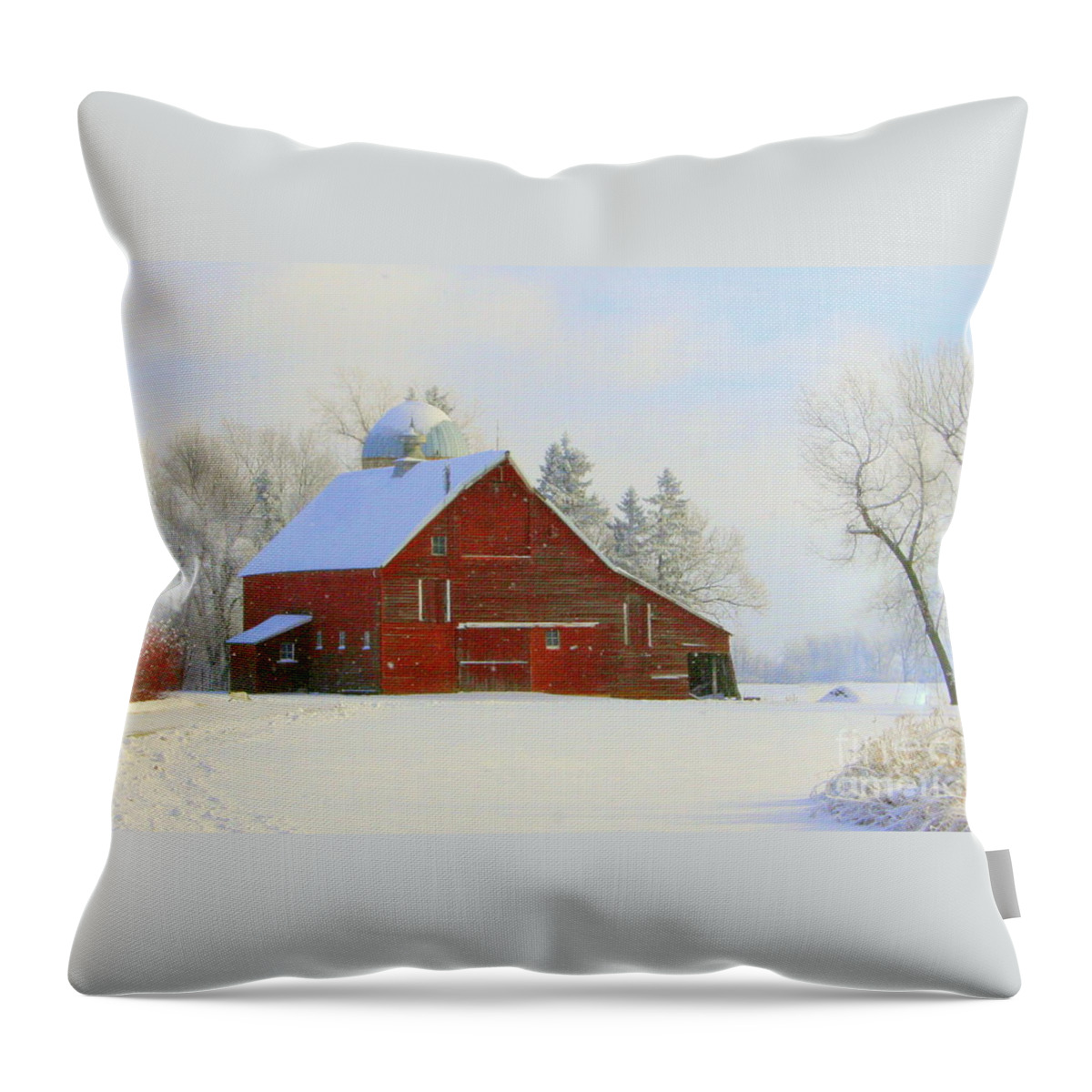 Red Barn Throw Pillow featuring the photograph Red Barn in the Snow by Julie Lueders 