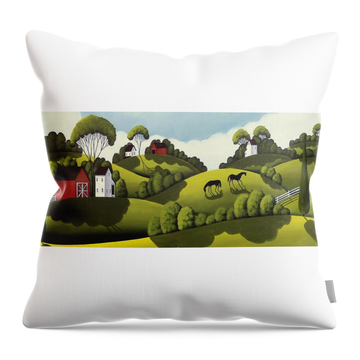 Barn Throw Pillow featuring the painting Red Barns - country landscape by Debbie Criswell