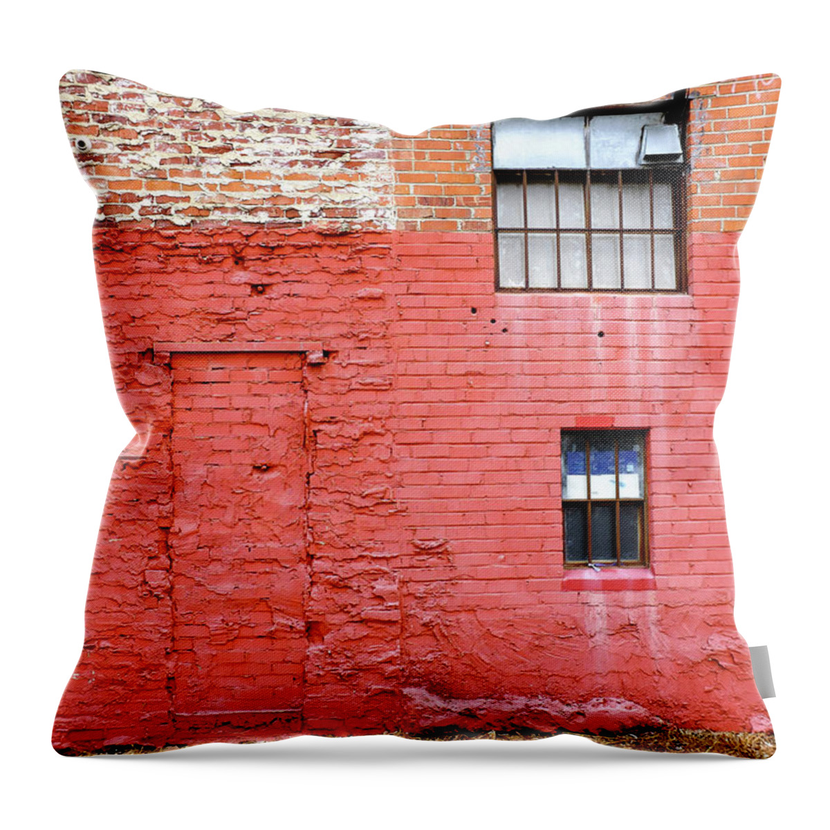 Old Red Brick Wall Throw Pillow featuring the photograph Red Brick Wall Downtown Hayward California by Kathy Anselmo