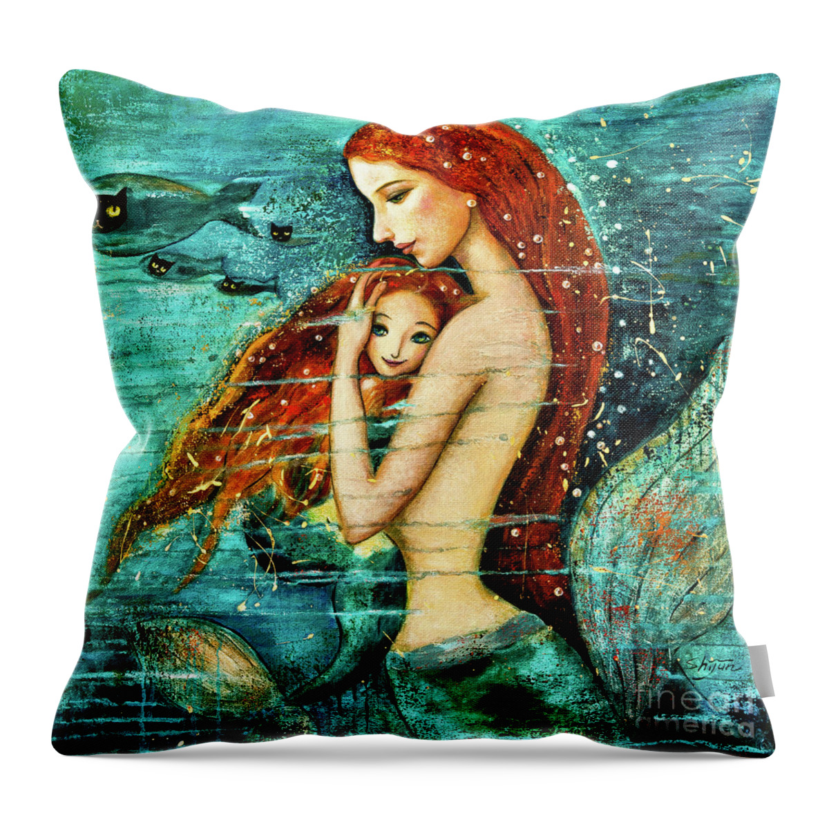 Mermaid Art Throw Pillow featuring the painting Red Hair Mermaid Mother and Child by Shijun Munns