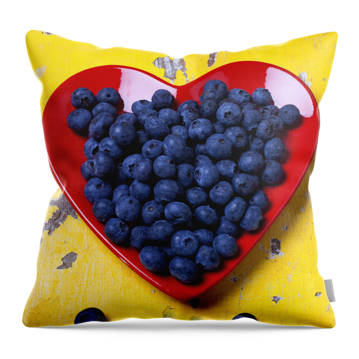 Red Heart Shaped Plate Throw Pillow featuring the photograph Red heart plate with blueberries by Garry Gay